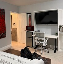 Desk, microwave, fridge and desk