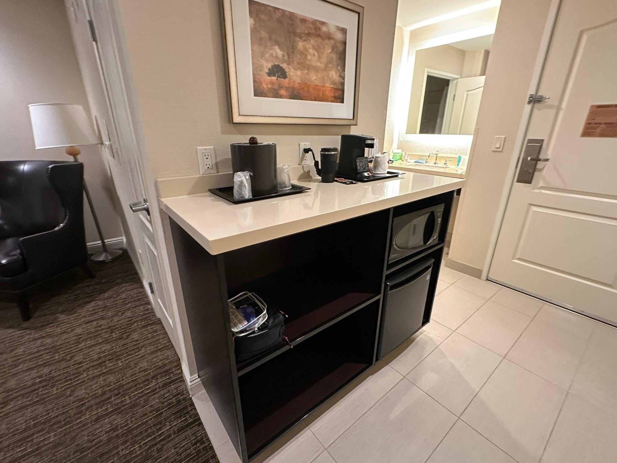 Mini fridge, microwave, coffee maker