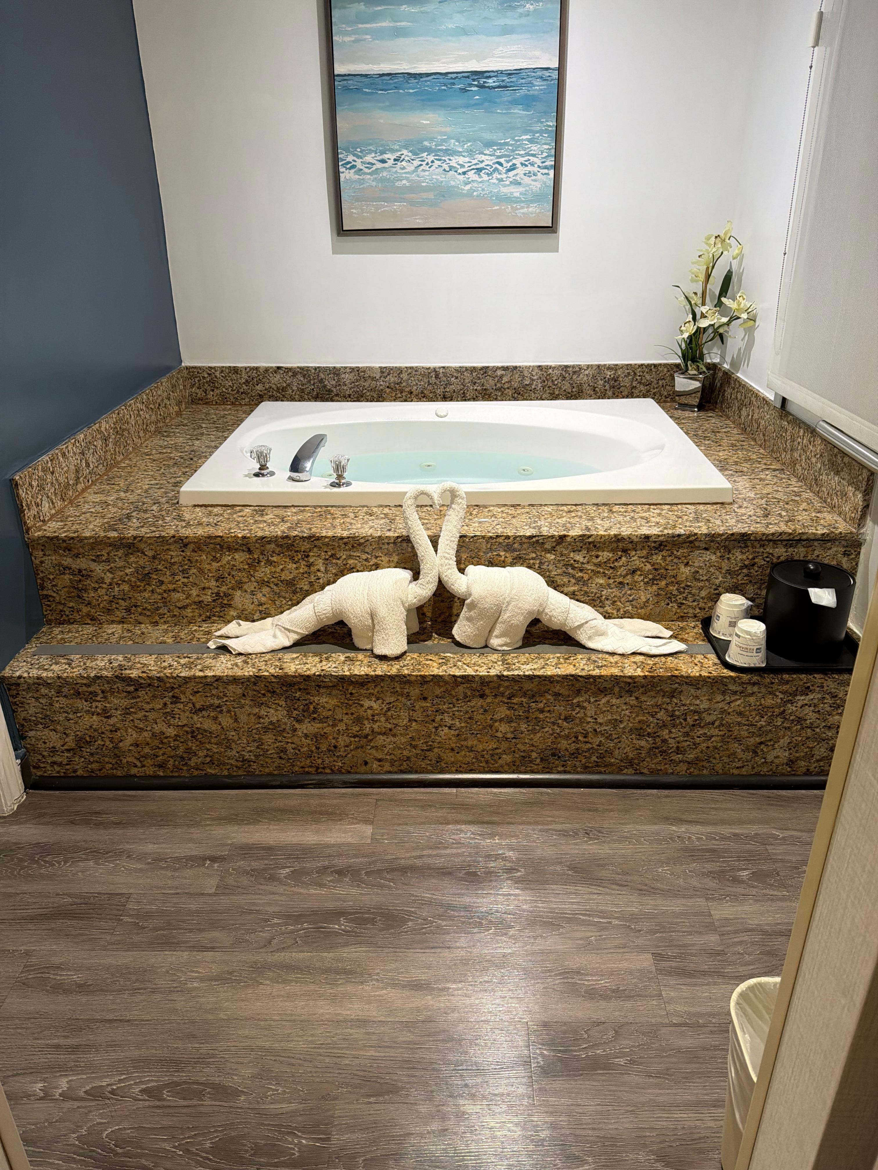 Jetted tub was clean and swan towels were cute.  Knocked them down on accident the first night.  Left the next morning and when we returned, they were made again.