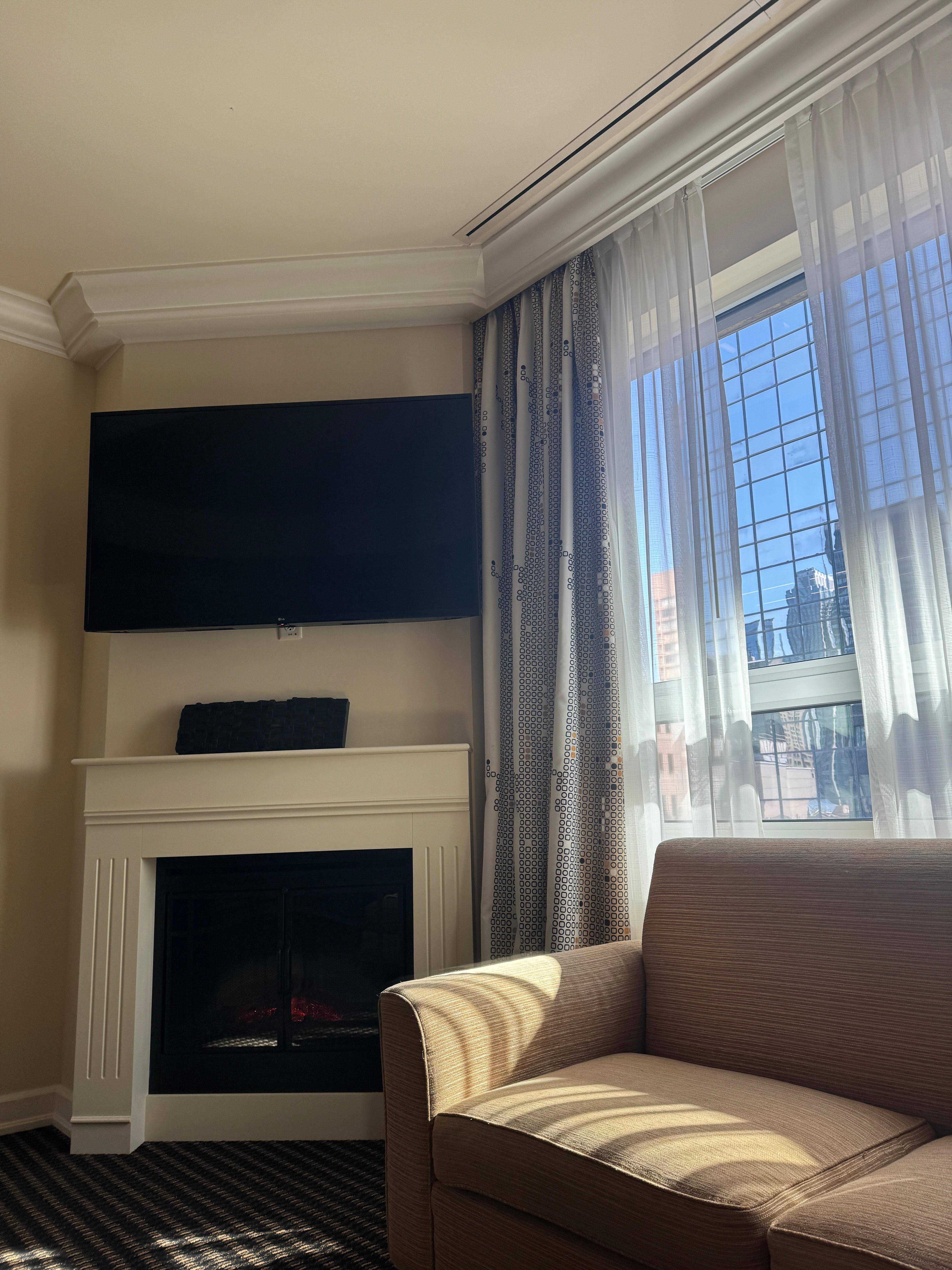 Fireplace looks very nice in the evening.