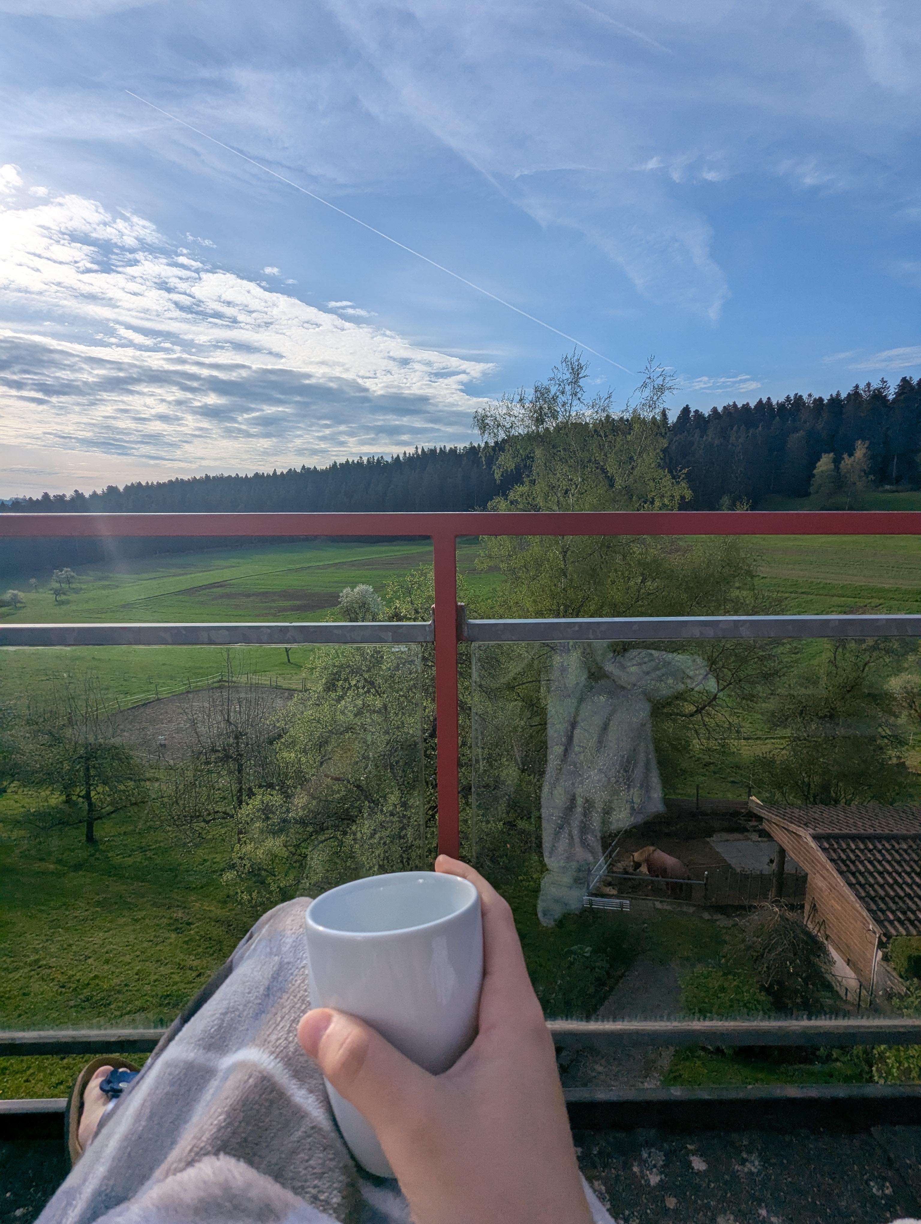 La vue depuis le balcon principal, des chaise et une tables extérieur y sont mis