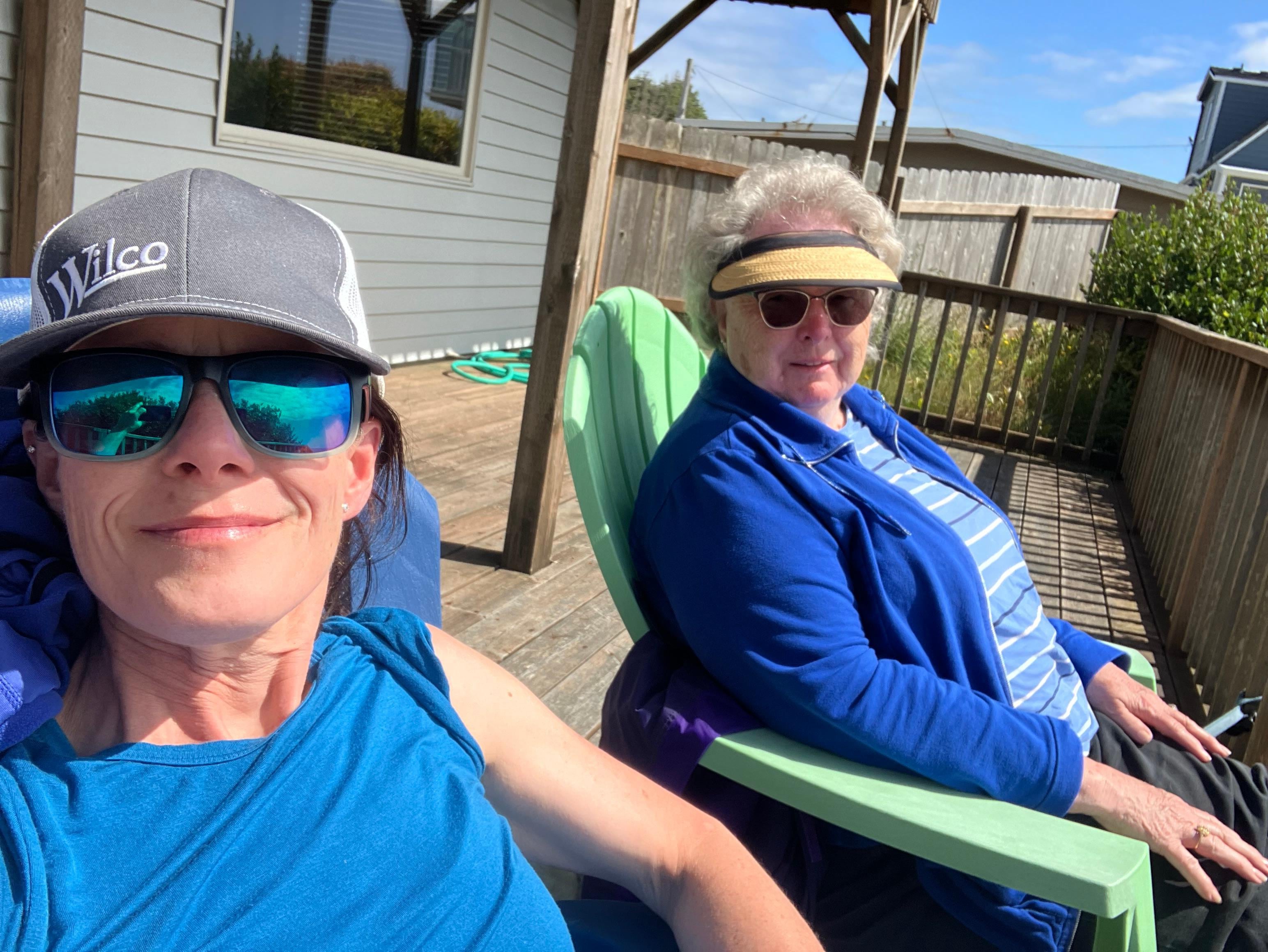 The porch was sunny in the relaxing chairs where we watched the waves.