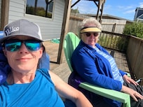 The porch was sunny in the relaxing chairs where we watched the waves.