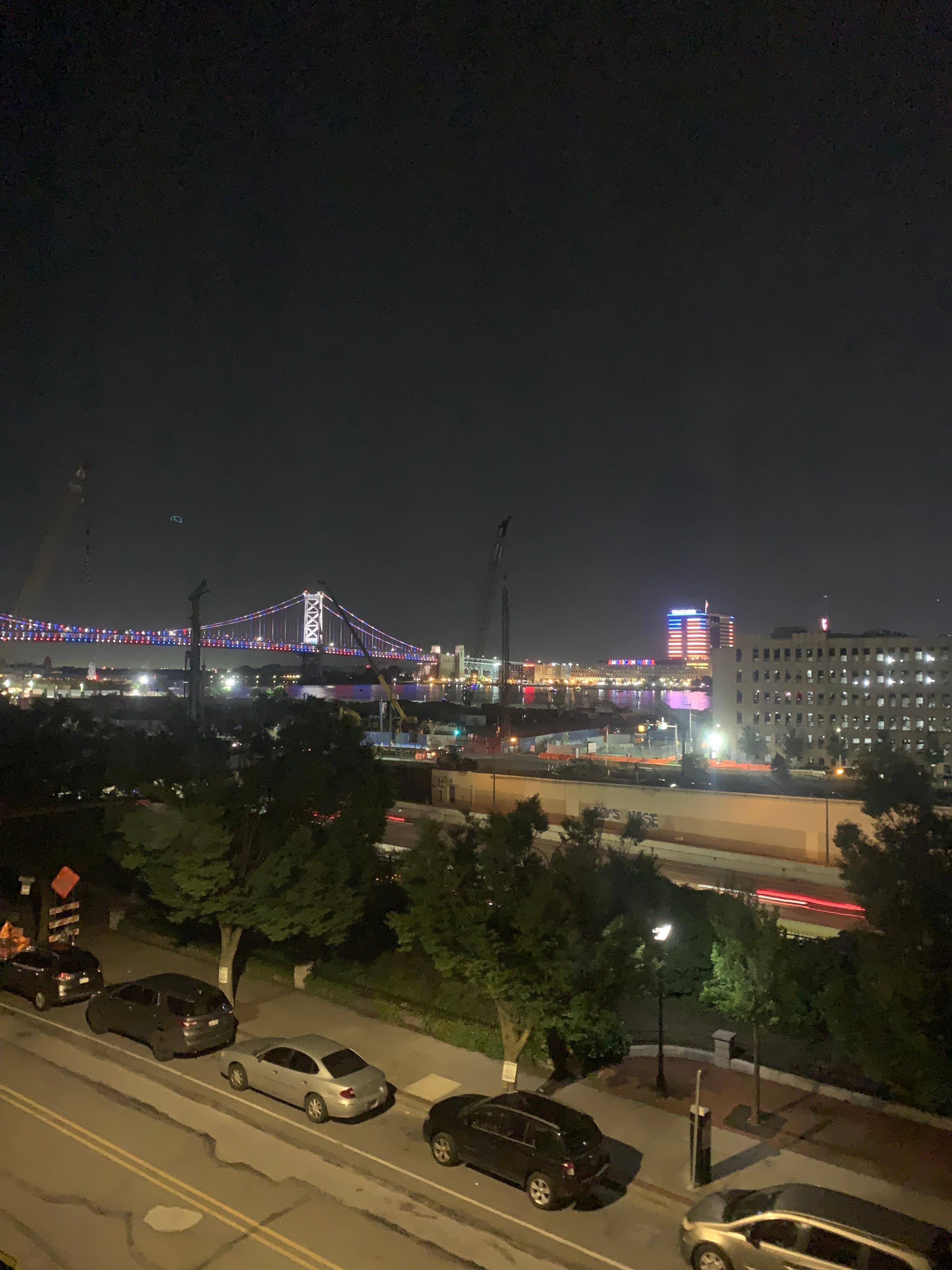 Benjamin Franklin Bridge on July 4th taken from my room’s window. 