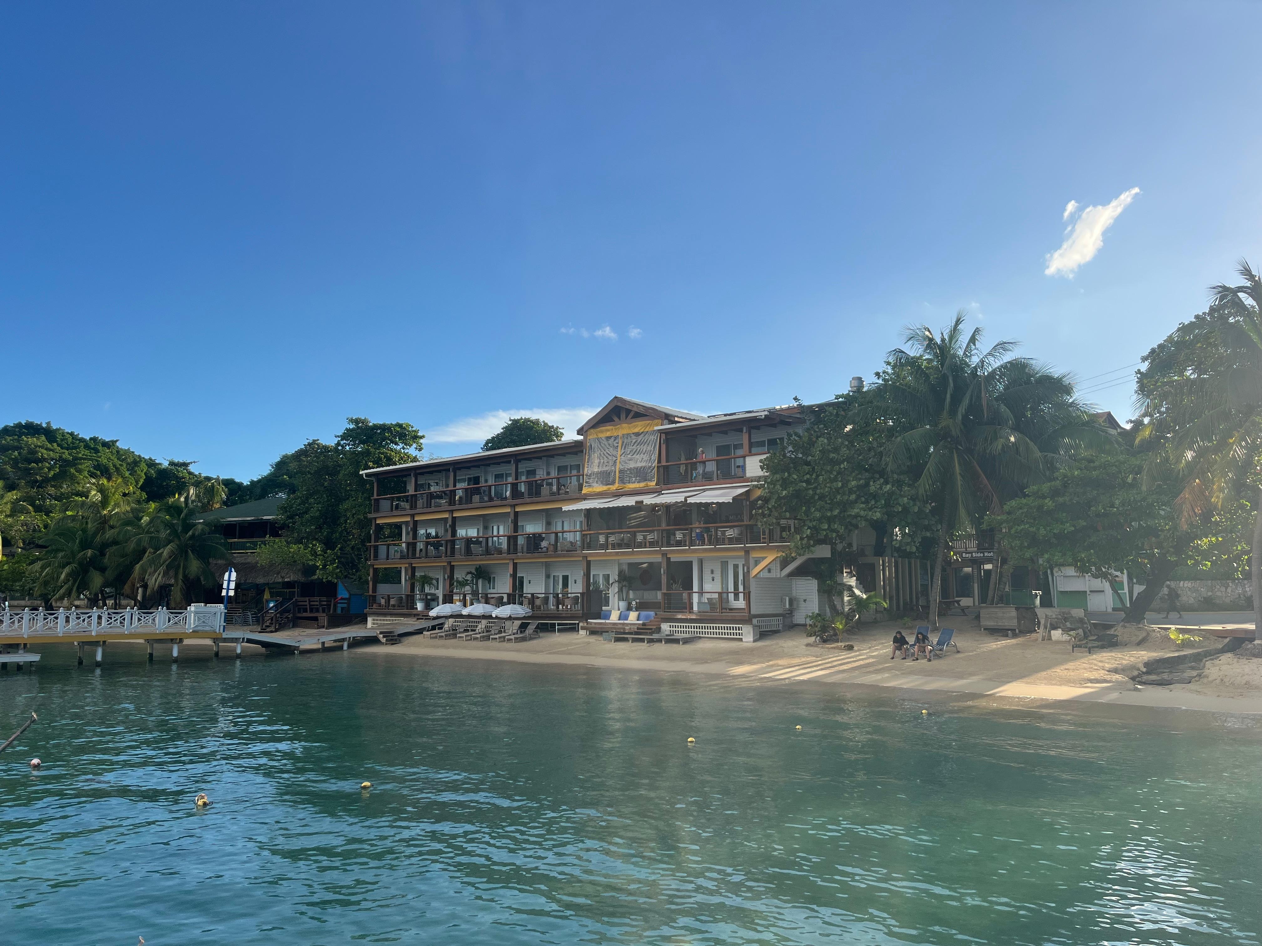 View of the hotel from a boat.