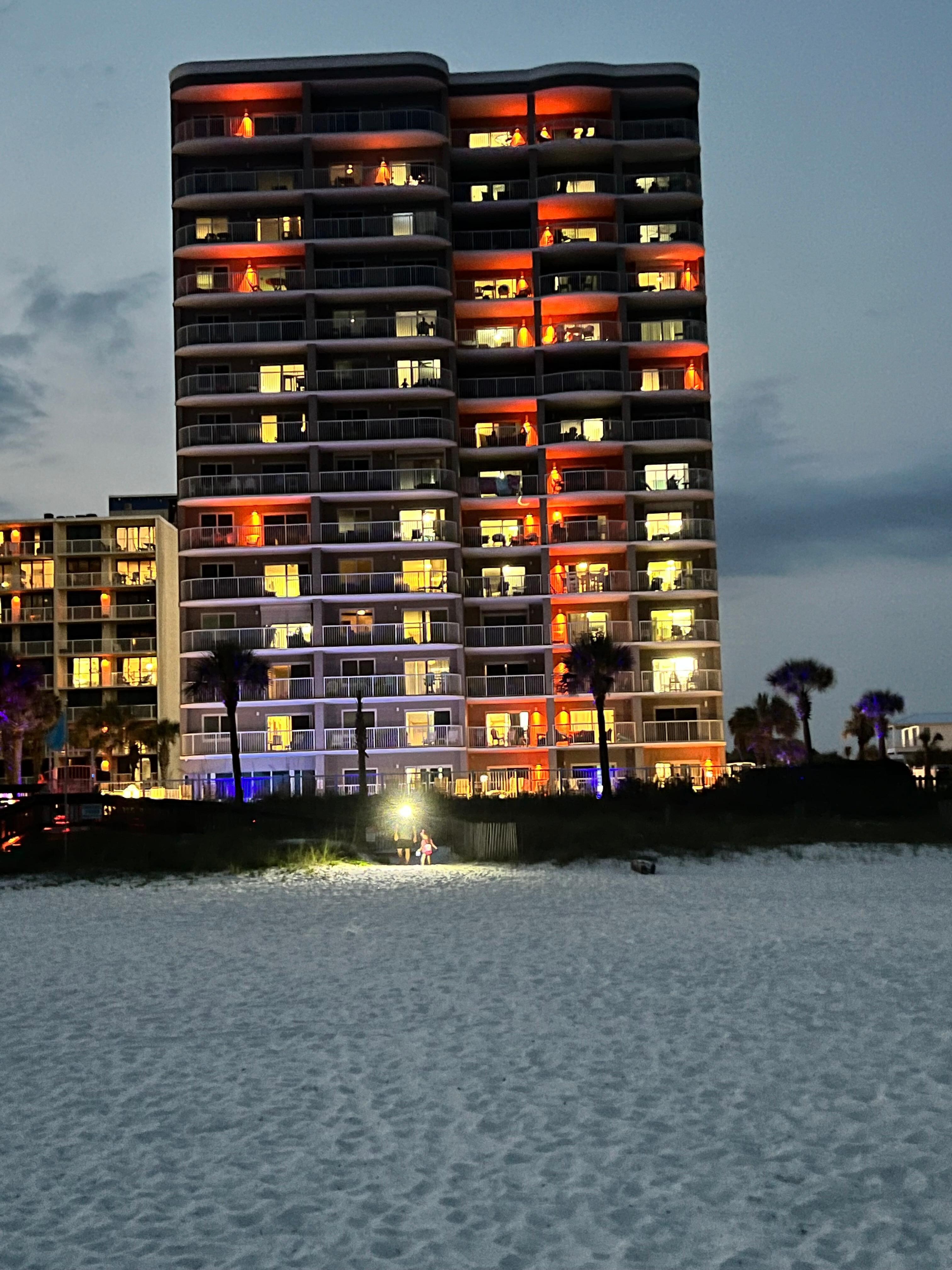 View of Tradewinds and our room from the beach.