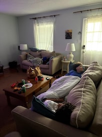 Where the kids had to sleep due to the bed being broke upstairs and the heavy smell of mold and mildew that triggered some of their allergies.