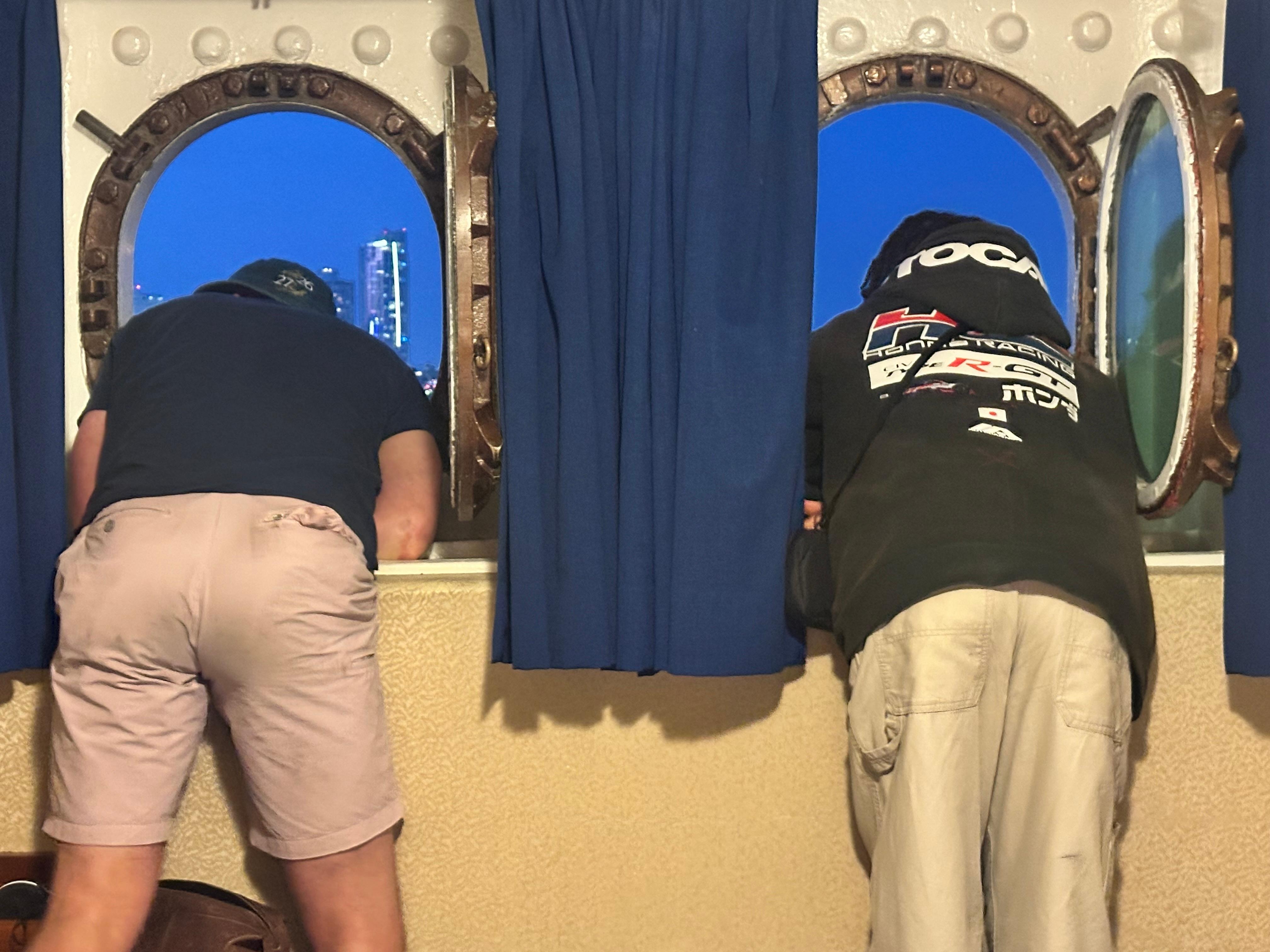 Fooling around and checking the view from the cabin’s portholes