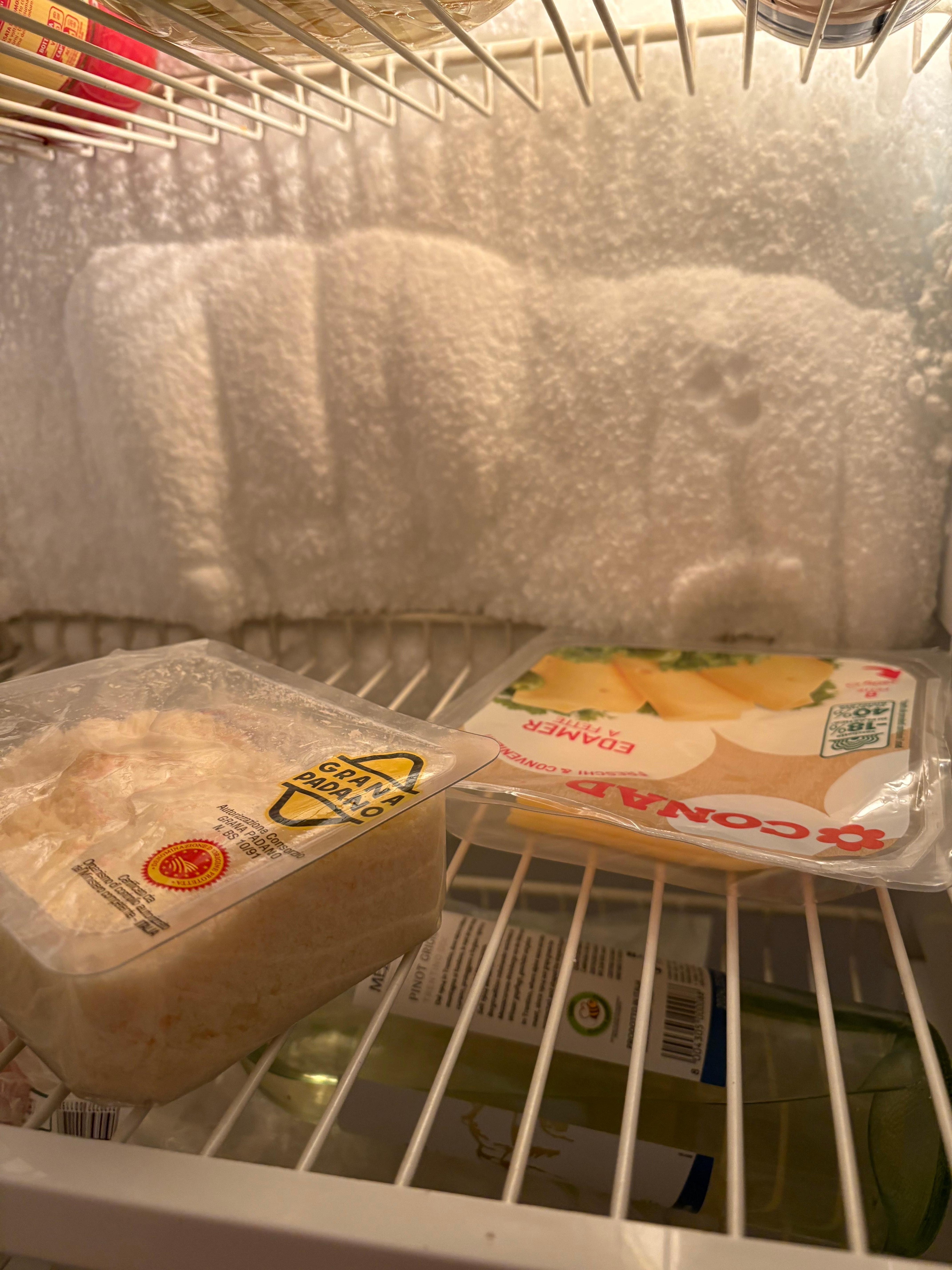 Ice buildup in the refrigerator.