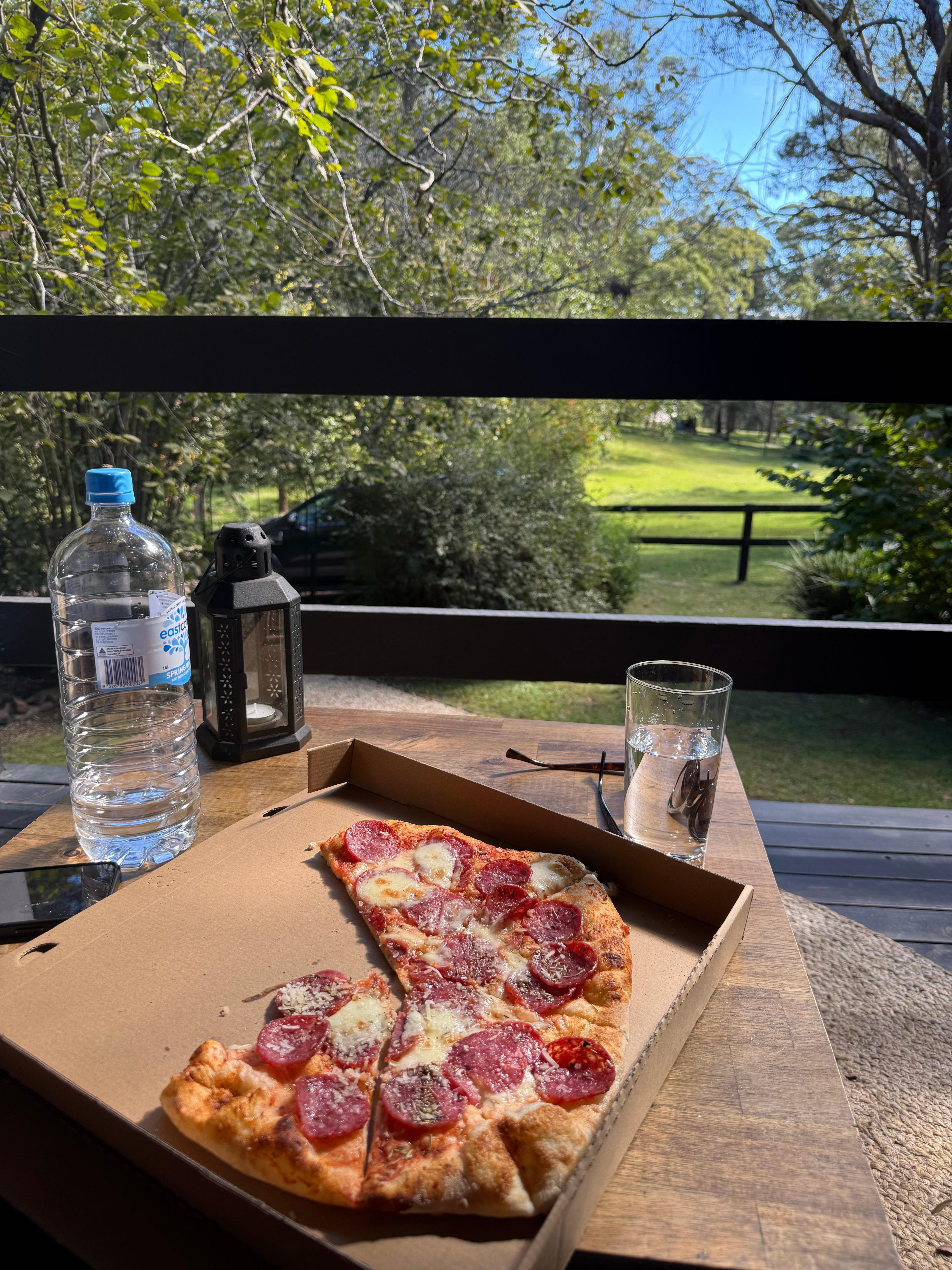 Pizza back at the cottage from Hillbilly Cider