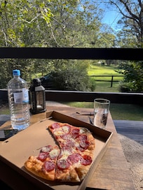 Pizza back at the cottage from Hillbilly Cider