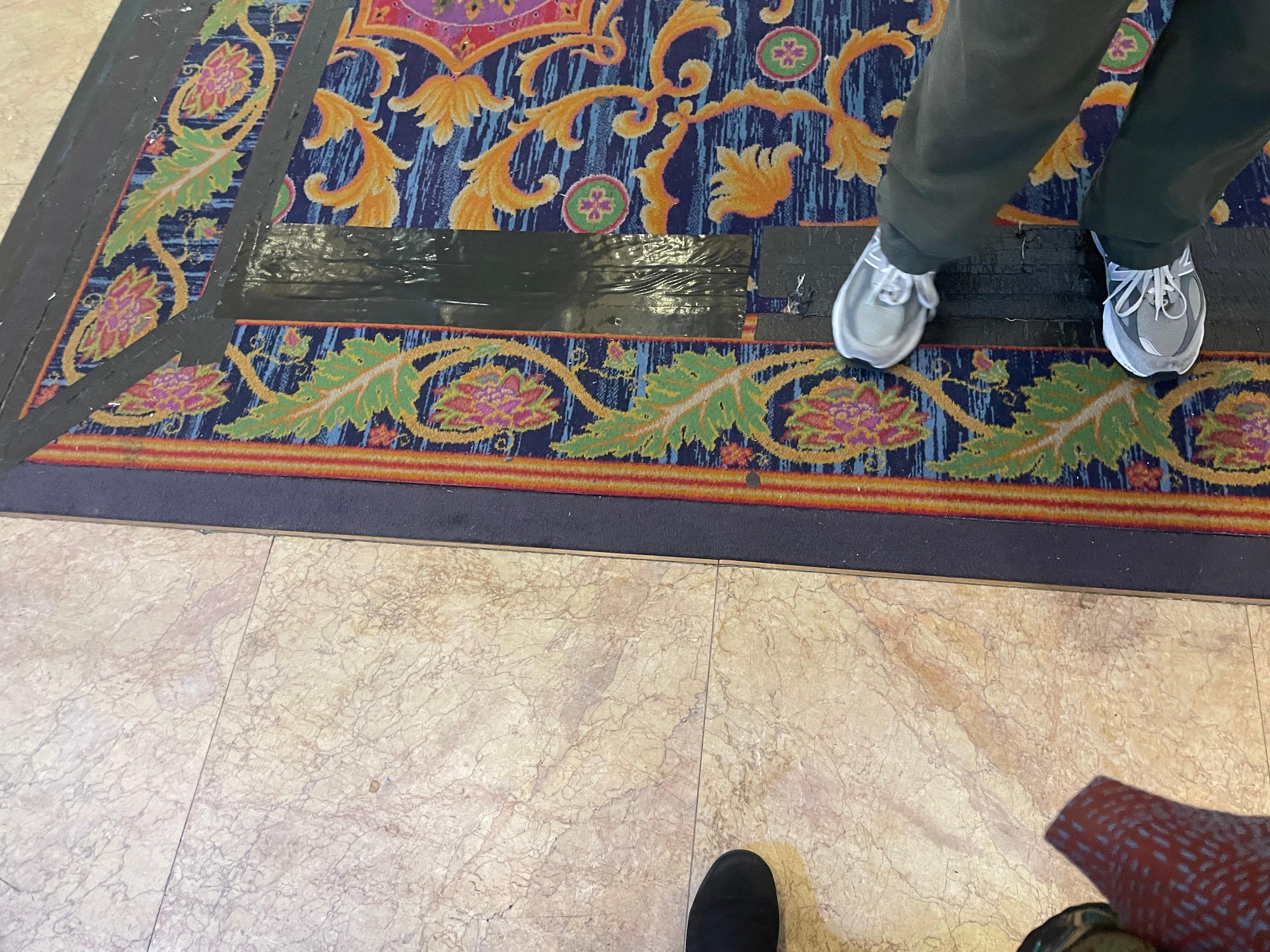 Rugs in all of the common areas were shabby, stained, and taped to the floor.