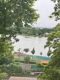 Room view, river Rhine including freight train in foreground