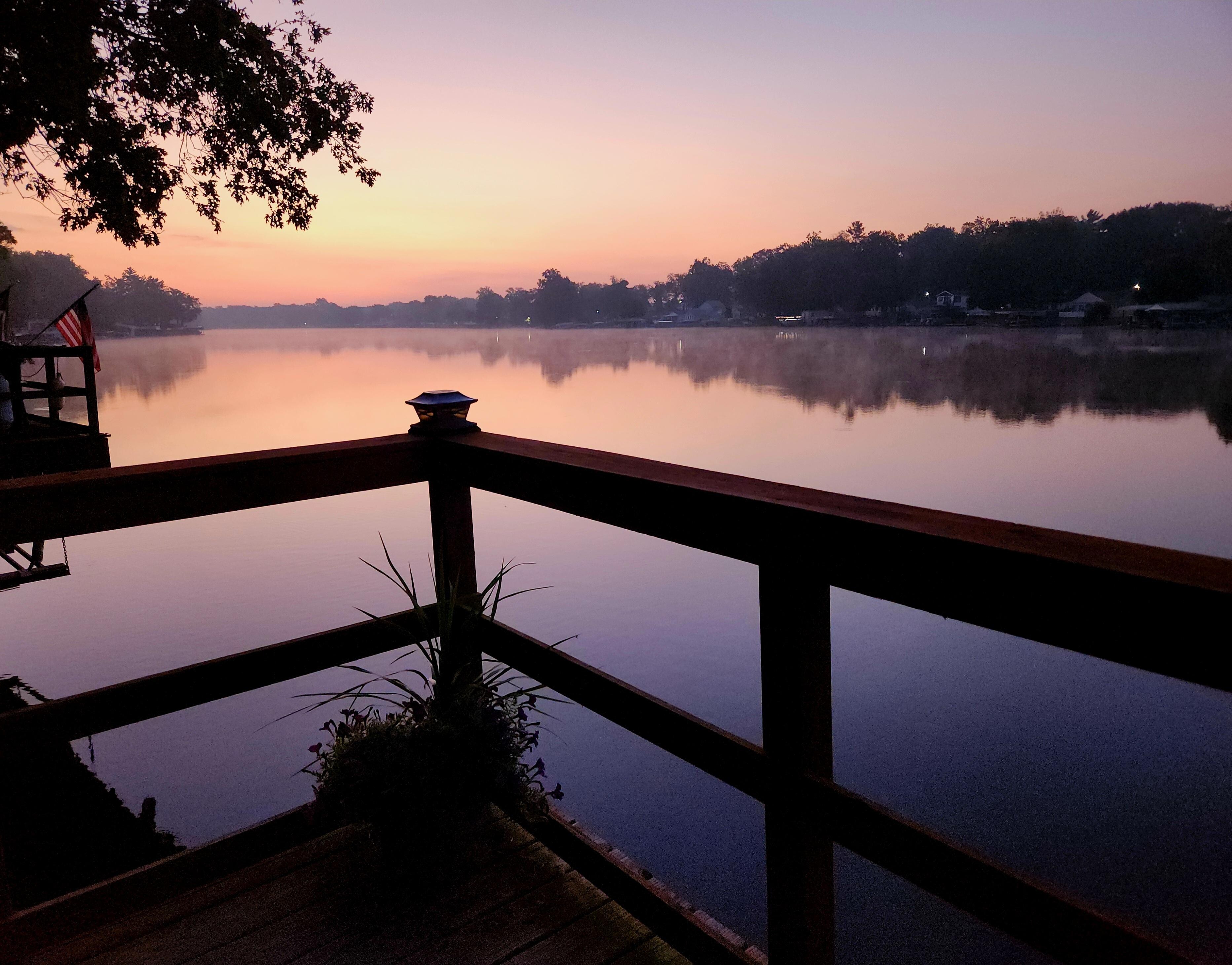 I woke before sunrise to a beautiful lake experience from the lovely dock/deck. So quiet and beautiful!