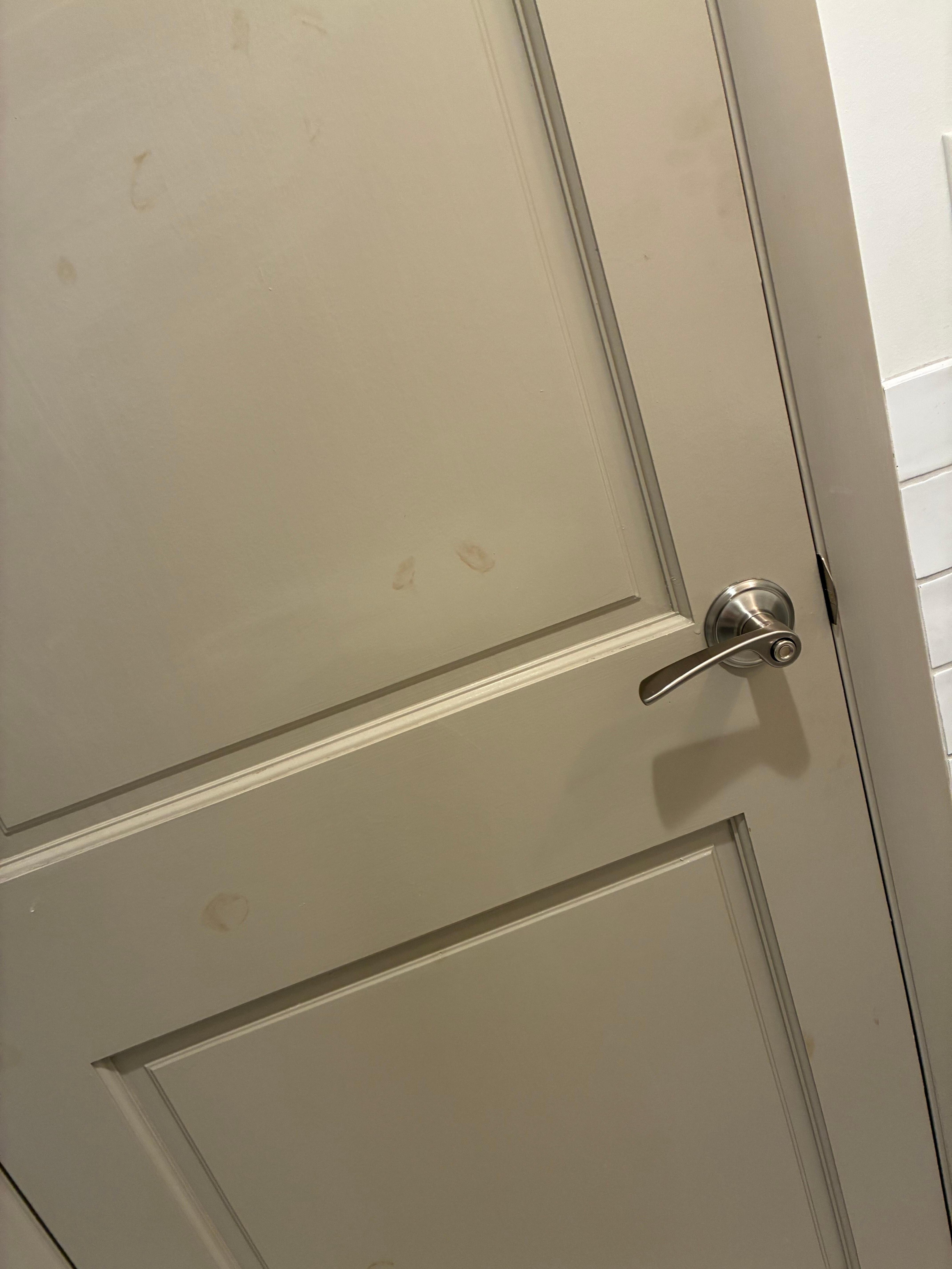 Dirty fingerprints all over the door, slightly reddish brown in color