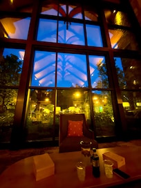 Massive window in the lobby looking out to the pool and fire pits in the back.