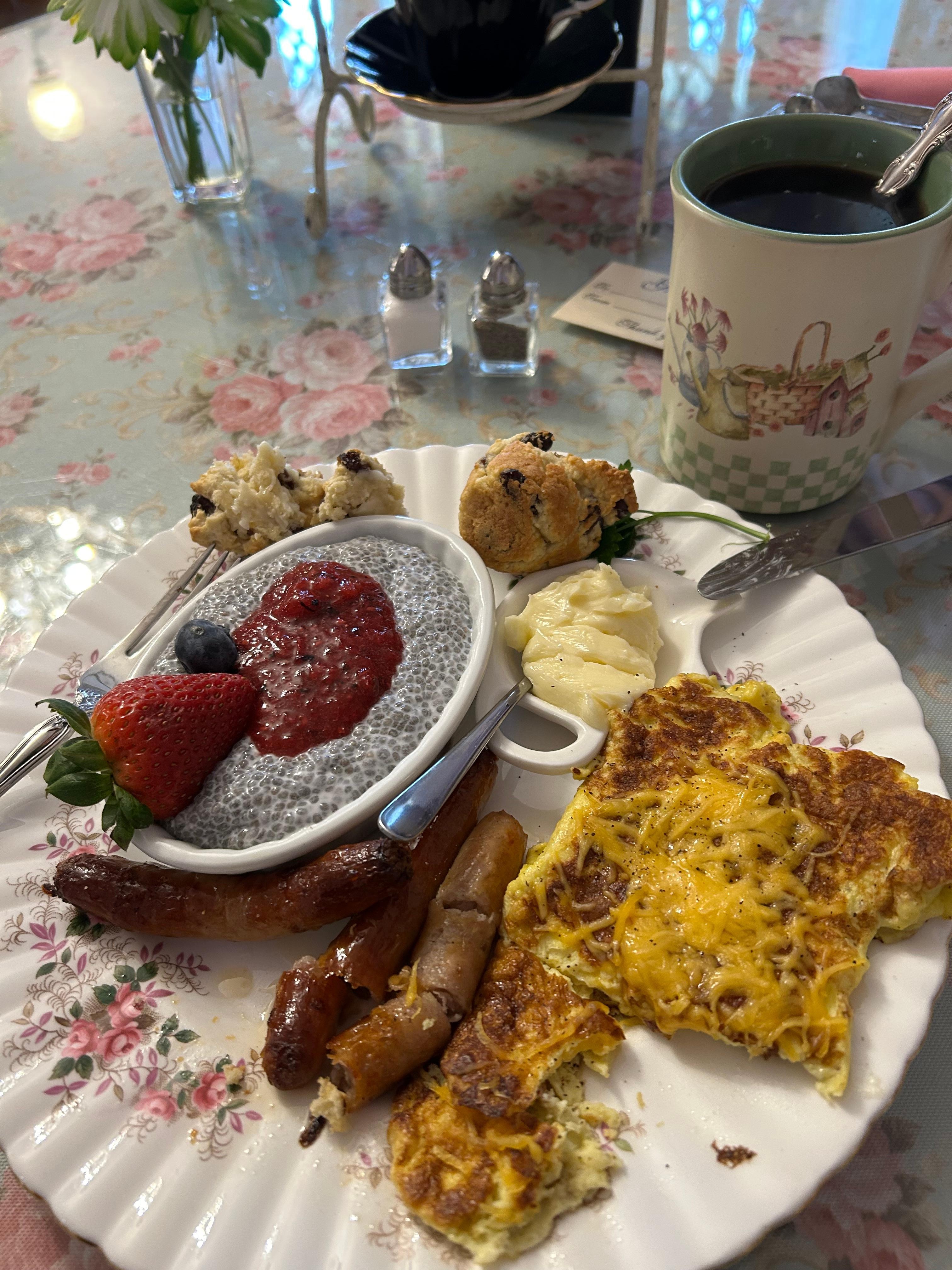 Gourmet breakfast omelette, sausage, soda bread with butter, since it was St. Patrick’s Day. 