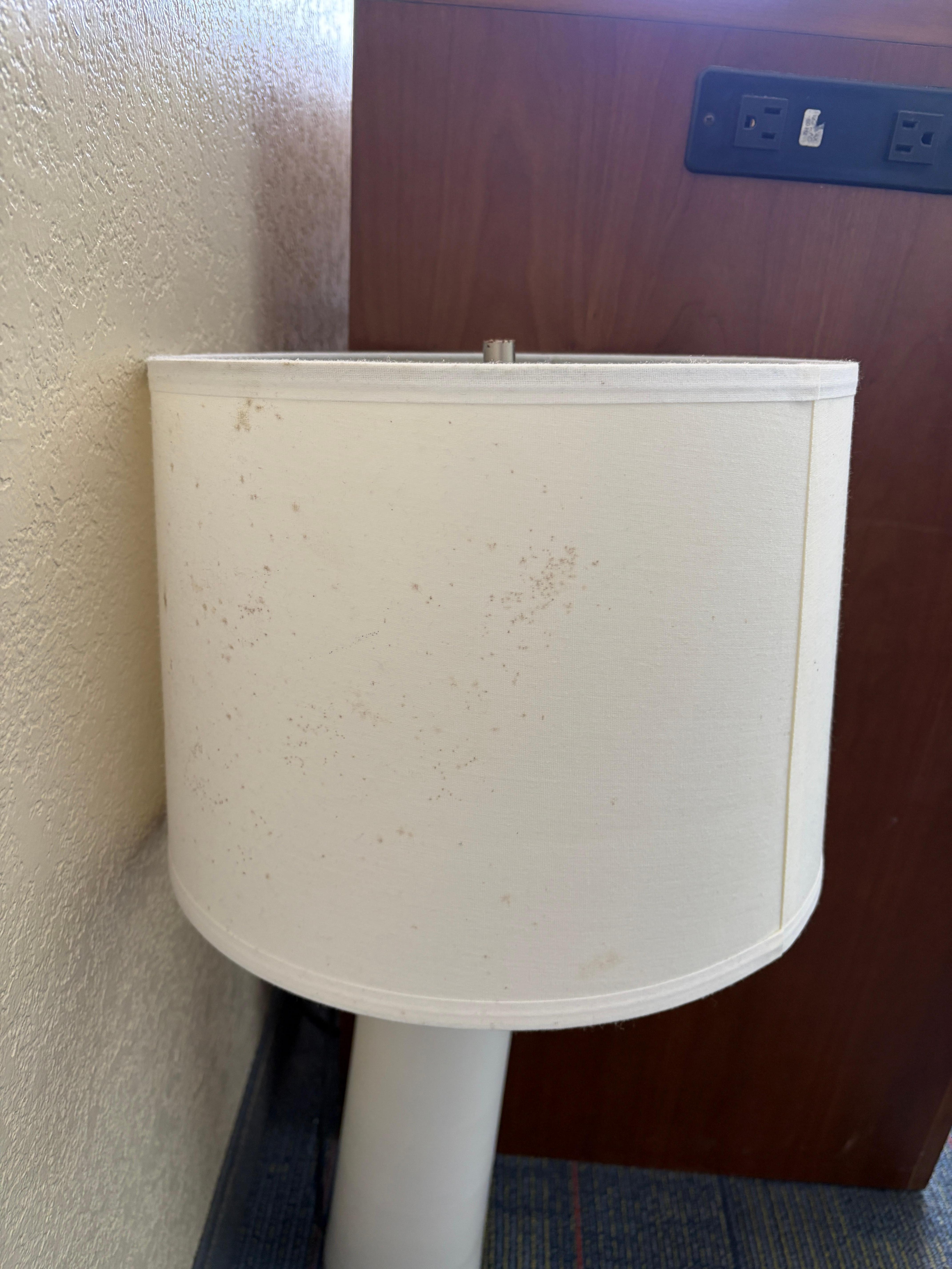 non working lamp on the floor that belonged on the dresser, lampshade dirty. 