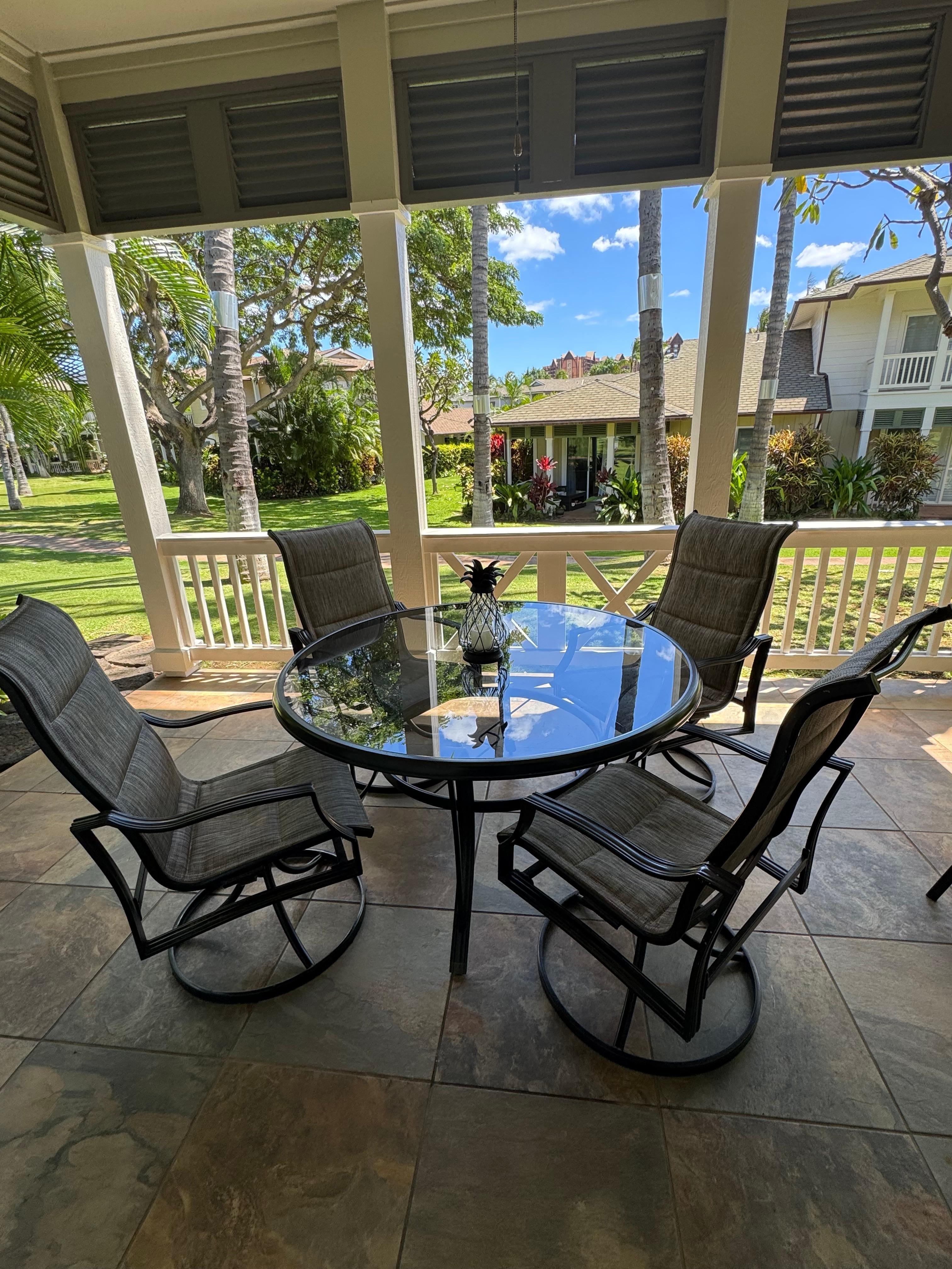 Outdoor lanai perfect for morning coffee, playing games or listening to nature.  So close you can see the Aulani hotel.