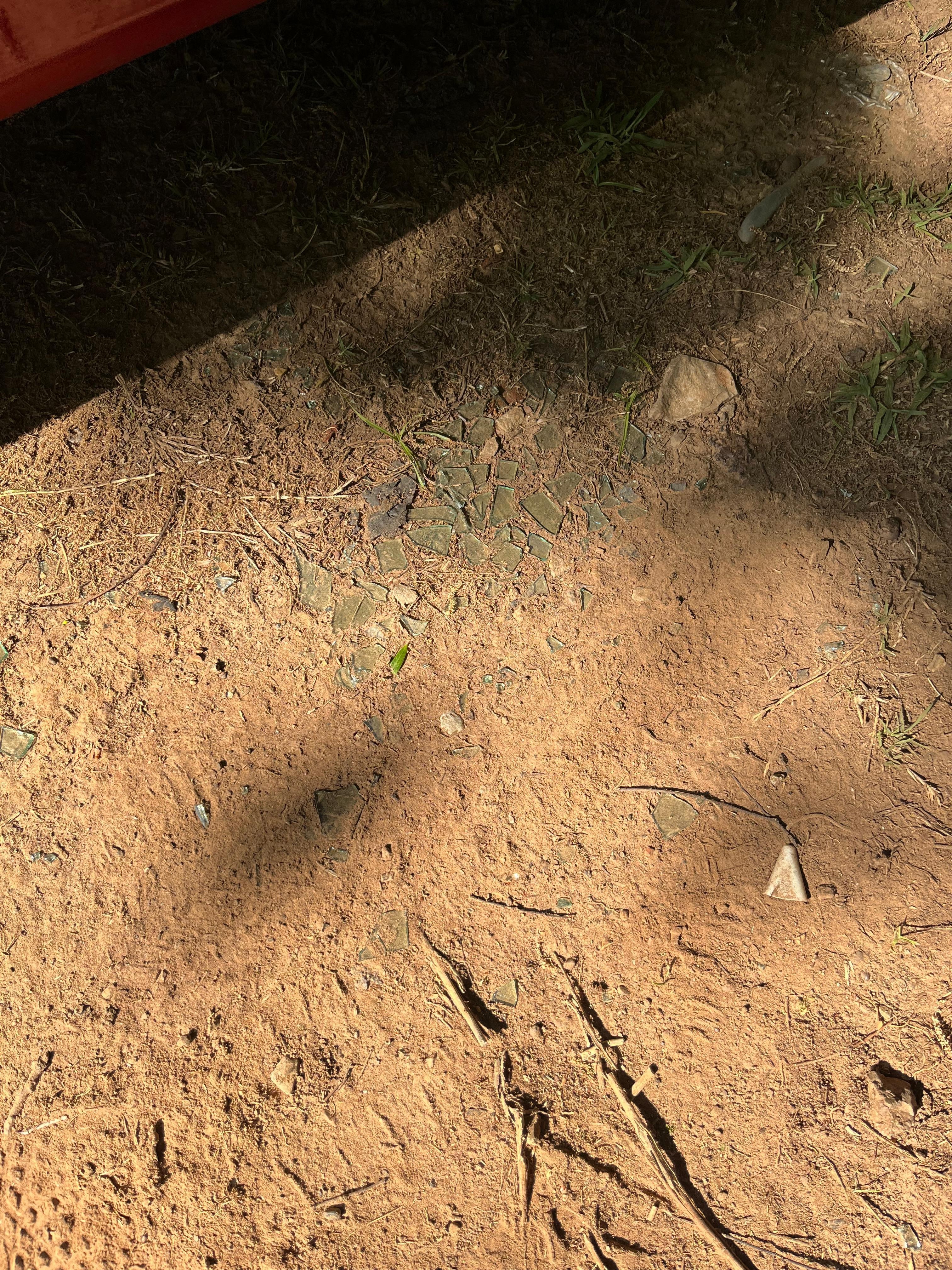 Glass scattered throughout whole yard