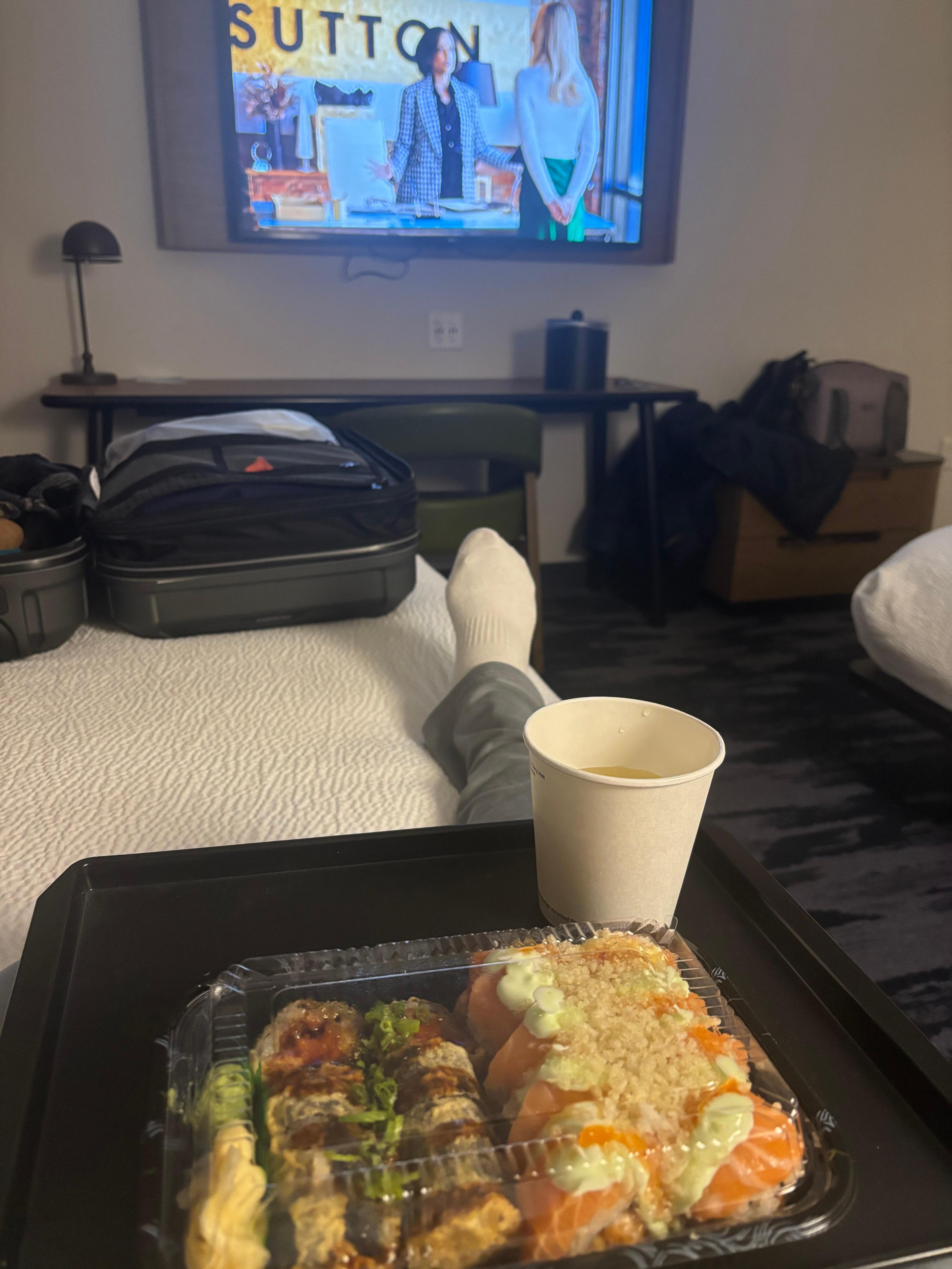 Food delivered to my room door, comfy bed and perfect room temp!