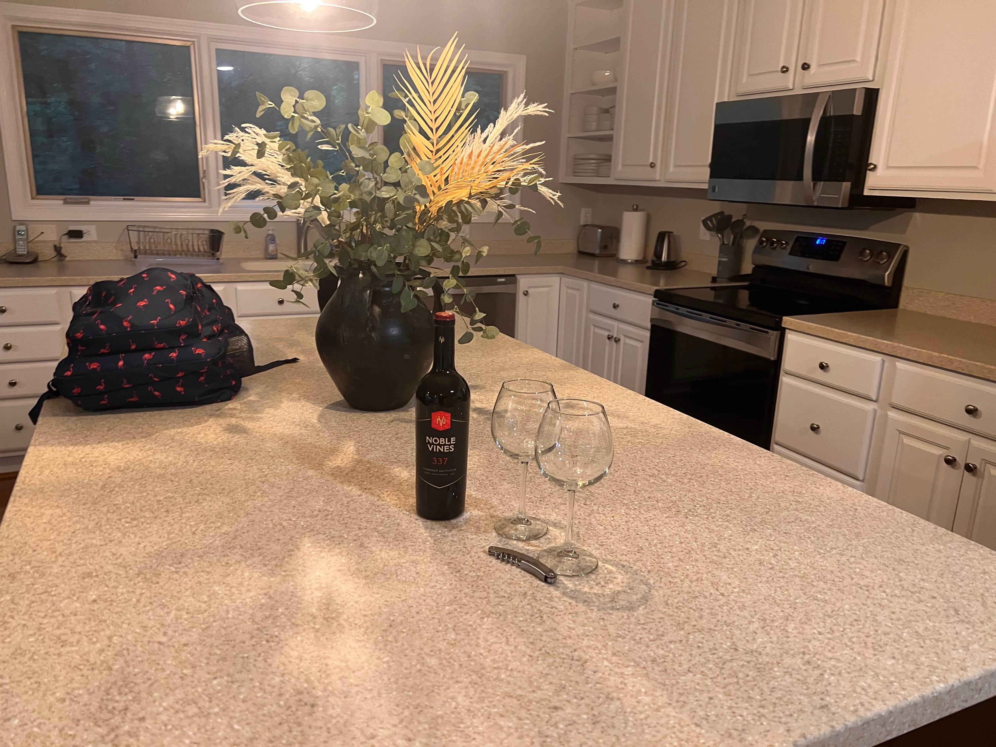 The wine bottle was a nice surprise touch after the drive up through the mountains 