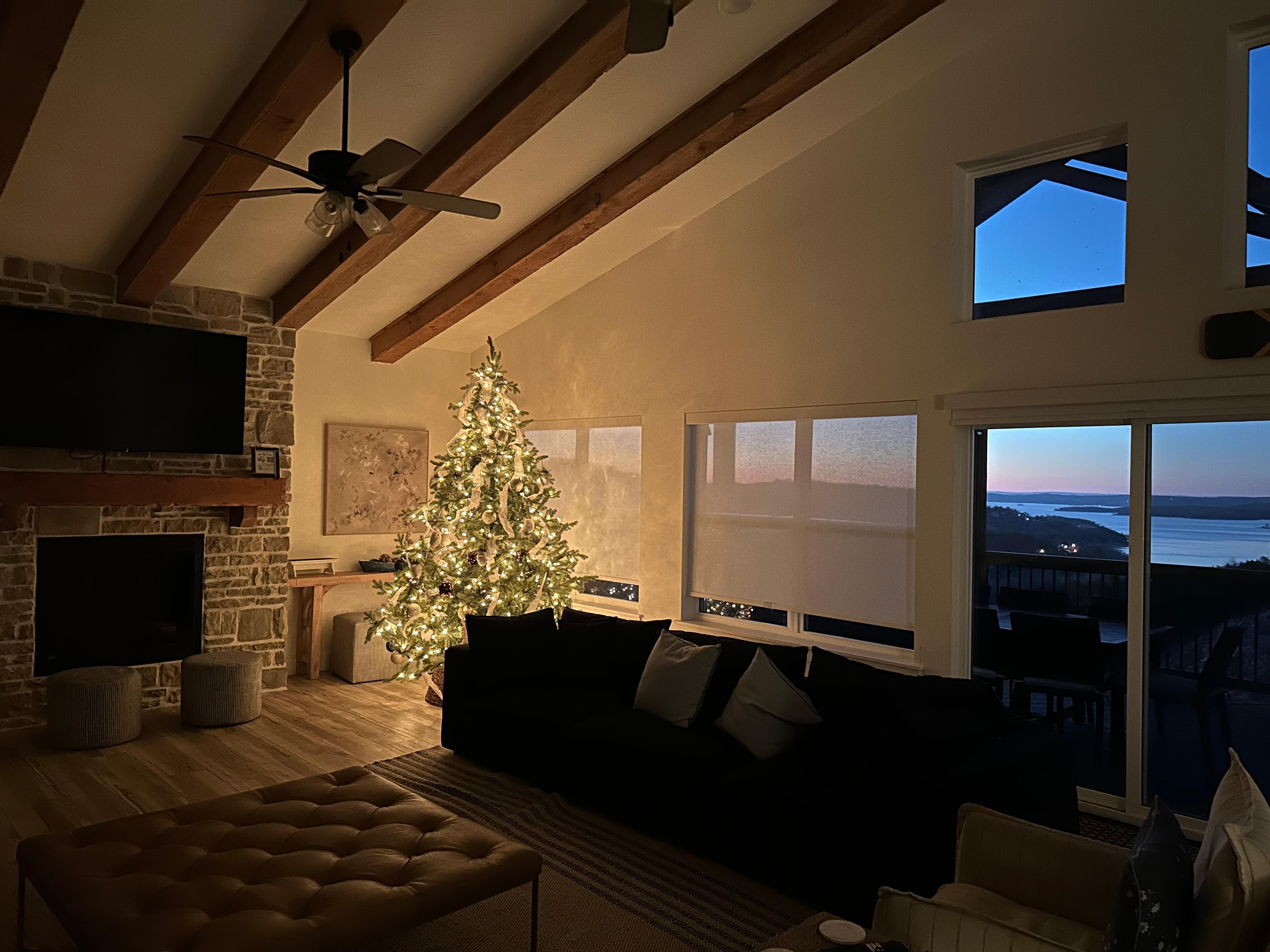 Beautiful sunrise outside with a perfectly lit tree during our post Christmas stay.