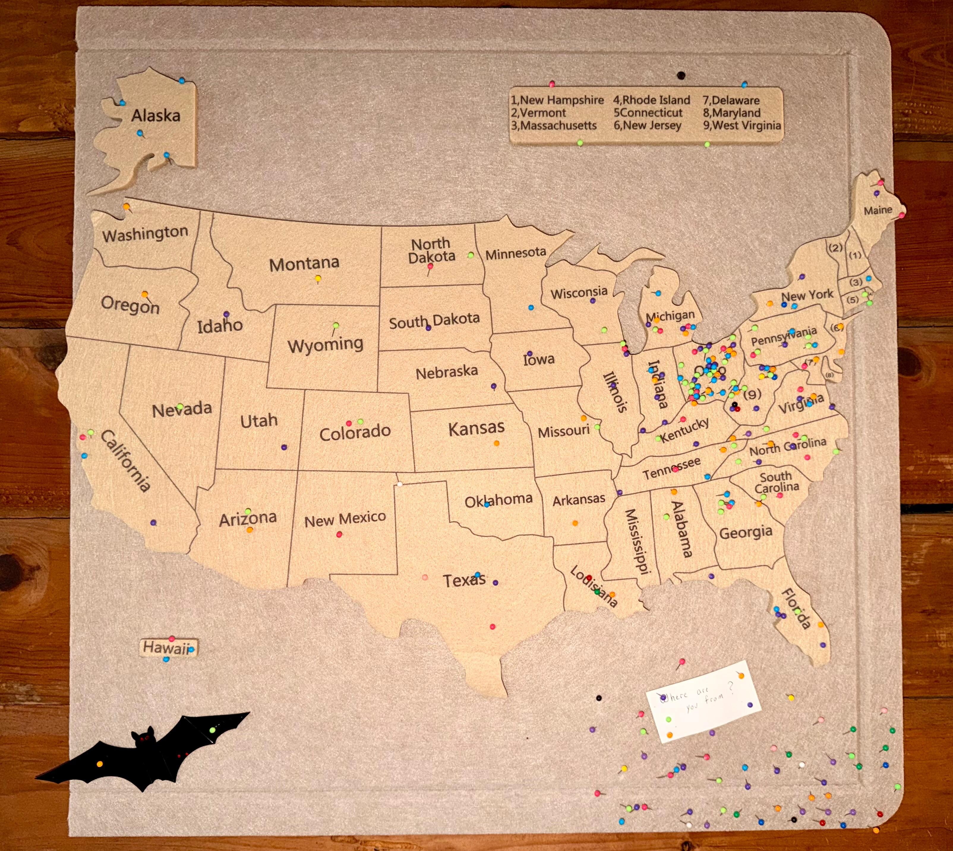 Neat map inside for guests to add pins showing where they’re from!