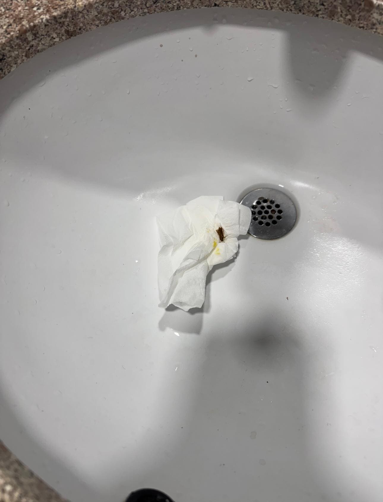 Roach killing in the bath
Many dead on the floor    We borrowed a broom to sweep