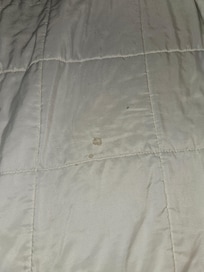 This is my replacement comforter from housekeeping. Still has holes but not as many as the first one. Shoddy/worn bedding with obvious stains that are not removable.