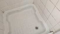 Der Schimmel zieht sich durch jede Fuge in der Dusche, der Duschvorhang war davon nicht ausgenommen