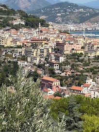 View of Vietre below from pool deck at Hotel Raito sul Mare, Campana, Italy. August 8 - August 15 2025