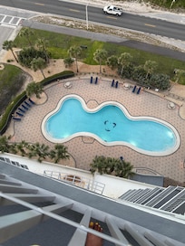 Looking at the pool from the balcony