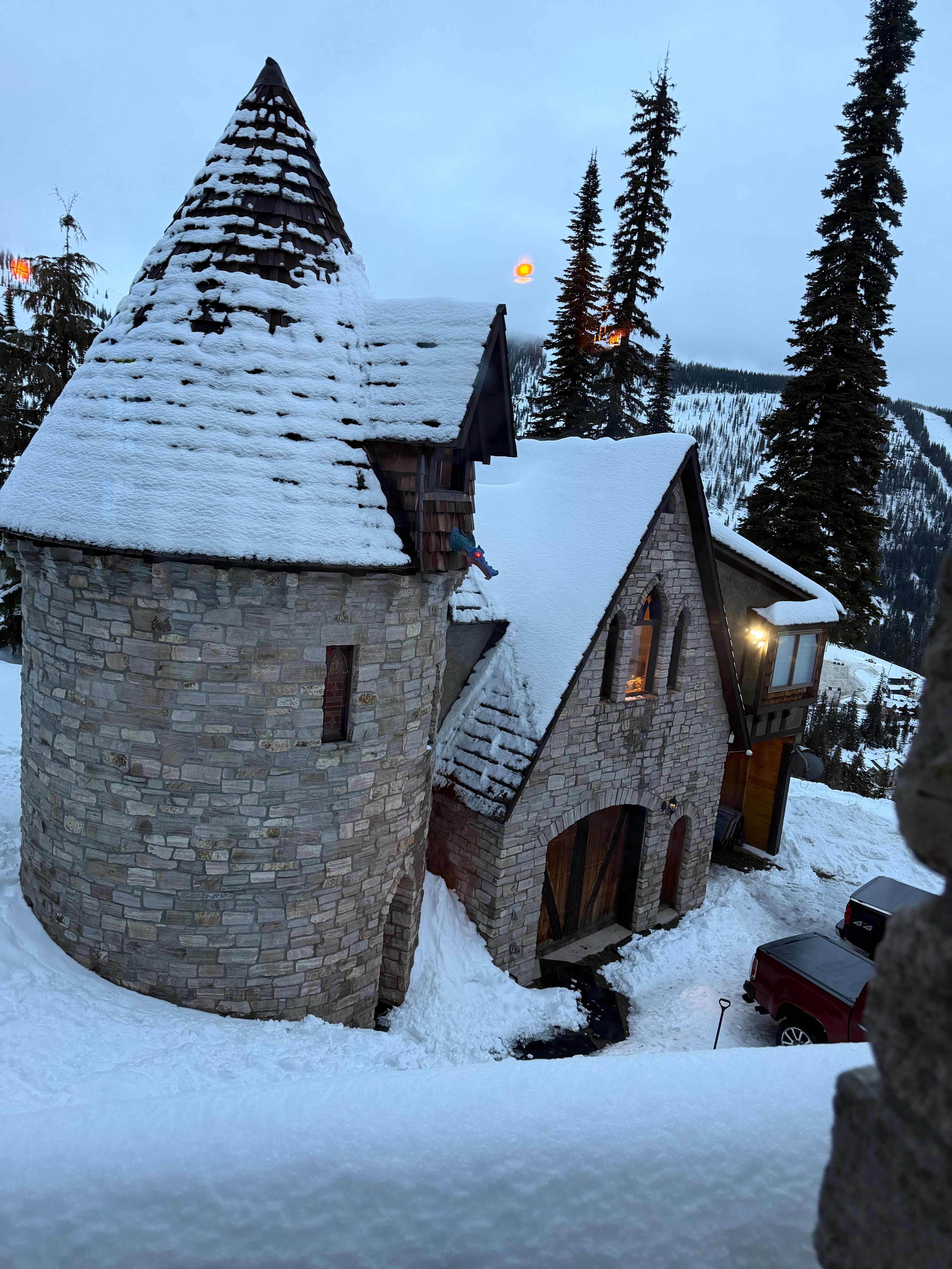 The view from the main house to the château. Note the fire breathing dragon that greeted us!