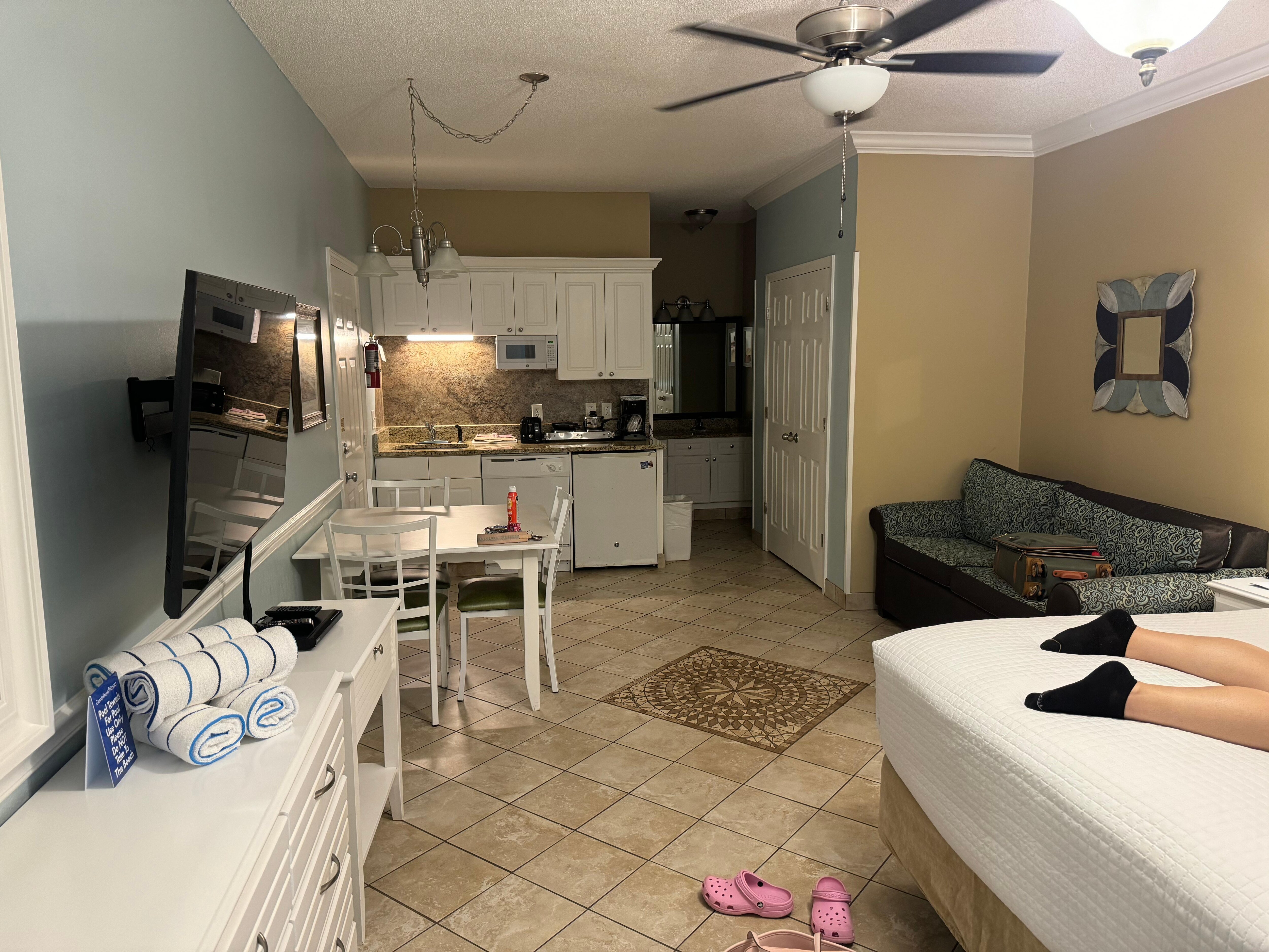 Studio Room , 1 King bed, Couch folds out into a extra bed.