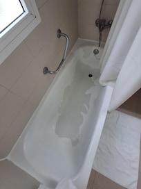 Bathtub was stained and peeled and when we tried to have a shower it was peeling off at same time