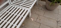 terrasse non balayée, verte du être faite à grande eau et brosse, structure du salon de jardin sale , inutilisable en l'état
