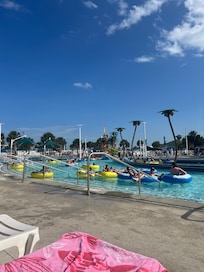 Water Park! Pictured is the lazy River. There was also a splash zone that was GREAT for younger kids. The outdoor pool was a hit. In this area they also have 2 water slides, an indoor pool, mini golf, arcade, and recreation center!