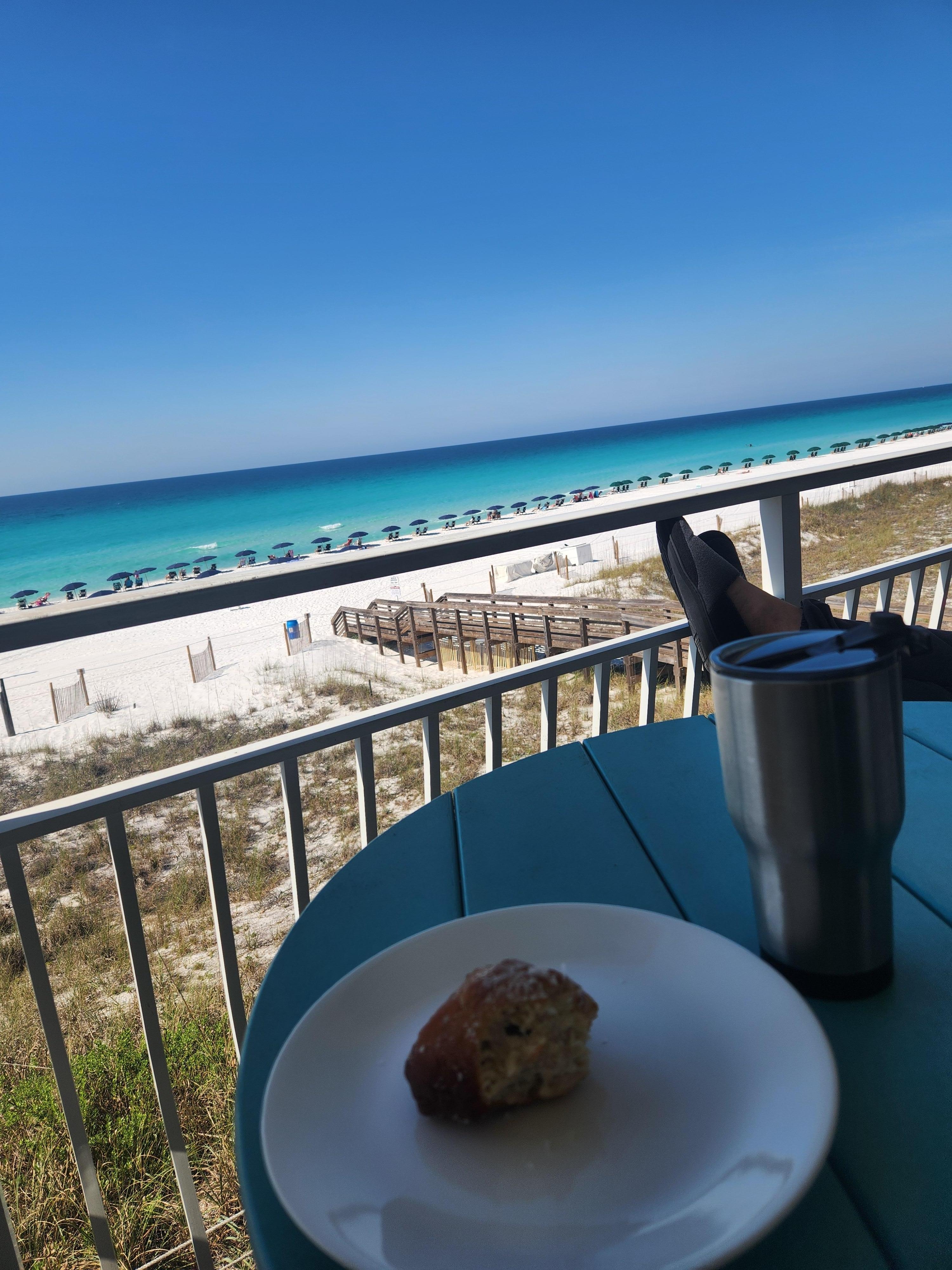View from the balcony.  You can see the chairs and umbrellas that are set up every morning
