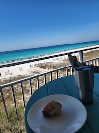 View from the balcony. You can see the chairs and umbrellas that are set up every morning