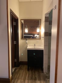 Vanity, toilet on left, shower on right.