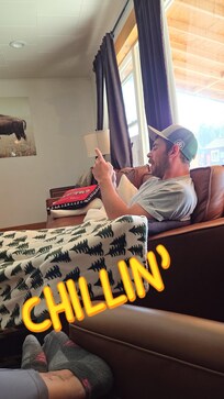My younger son relaxing at the Ponderosa