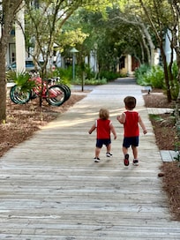 It’s on a boardwalk sidewalk which we didn’t even realize until the second night! Great place for kids to run around