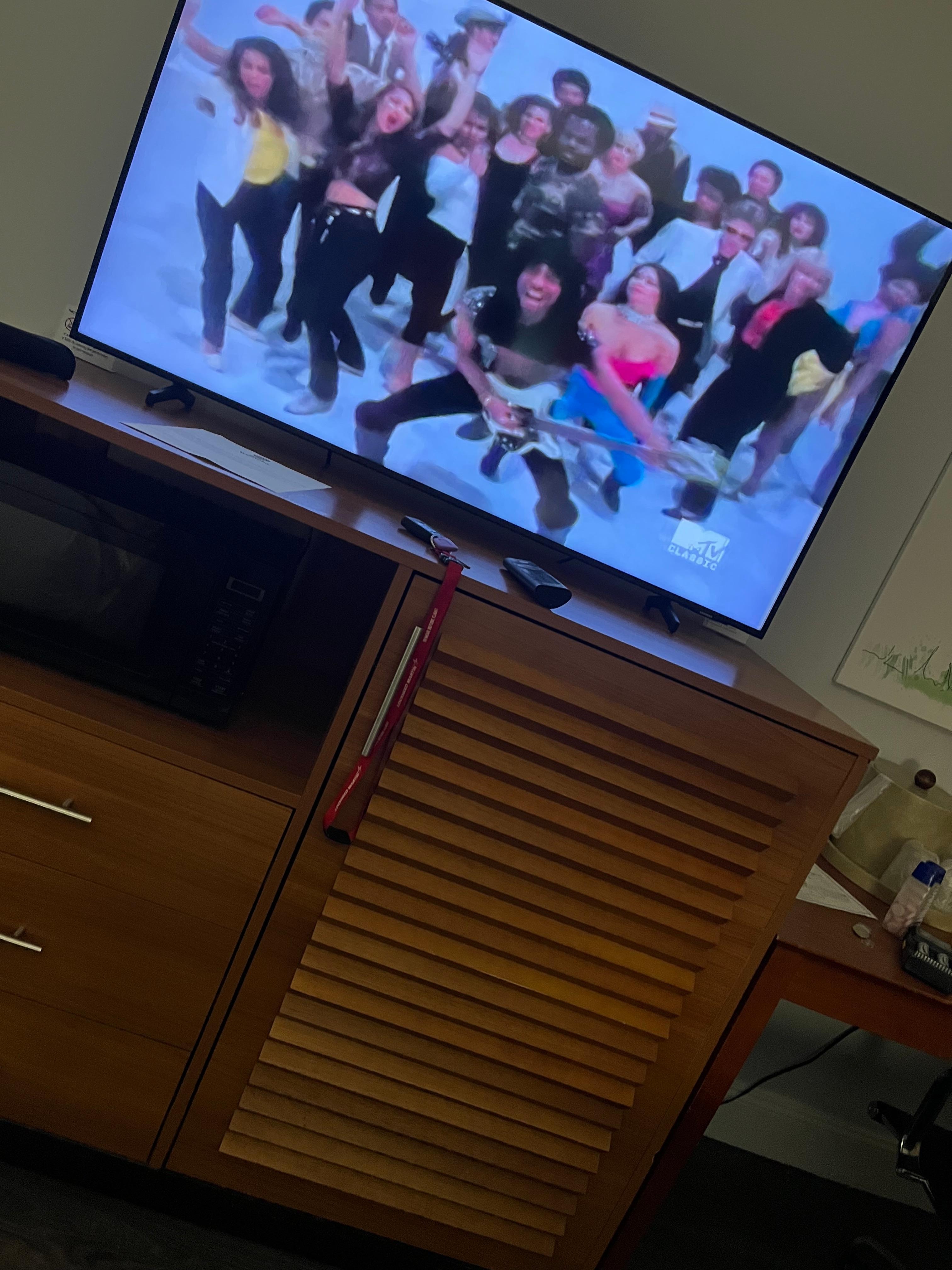 Mini fridge, microwave, and tv