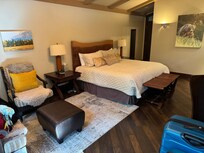 View of efficiency room upon entry - comfy bed and nice sitting area