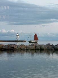 The harbor in Grand Marais with The Hjørtis coming in to dock
