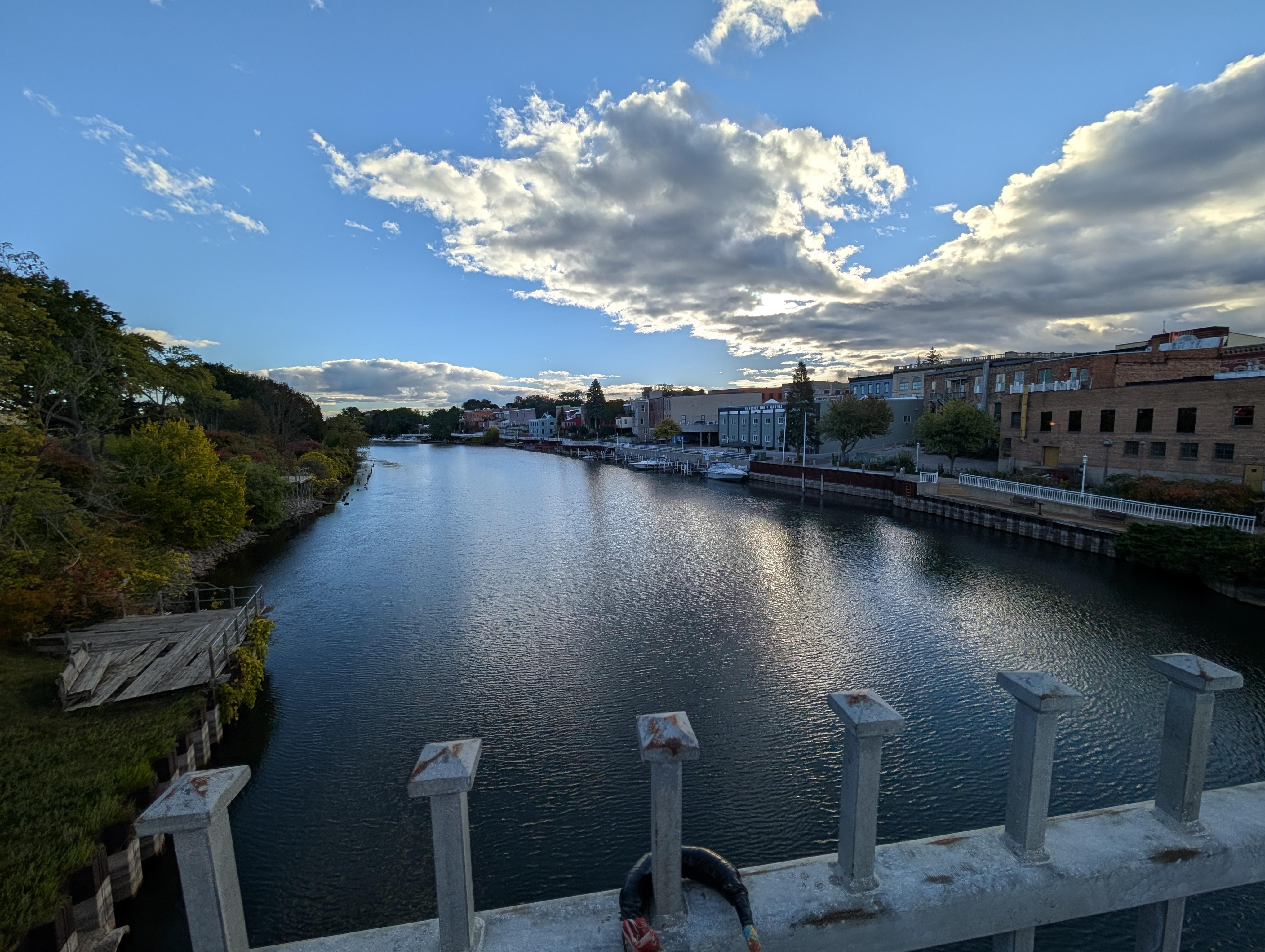 view from bridge showing riverfront walk