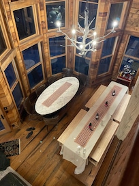 large marble table with seating for 10, we also brought in two 6ft plastic tables to make enough seating for all (21)