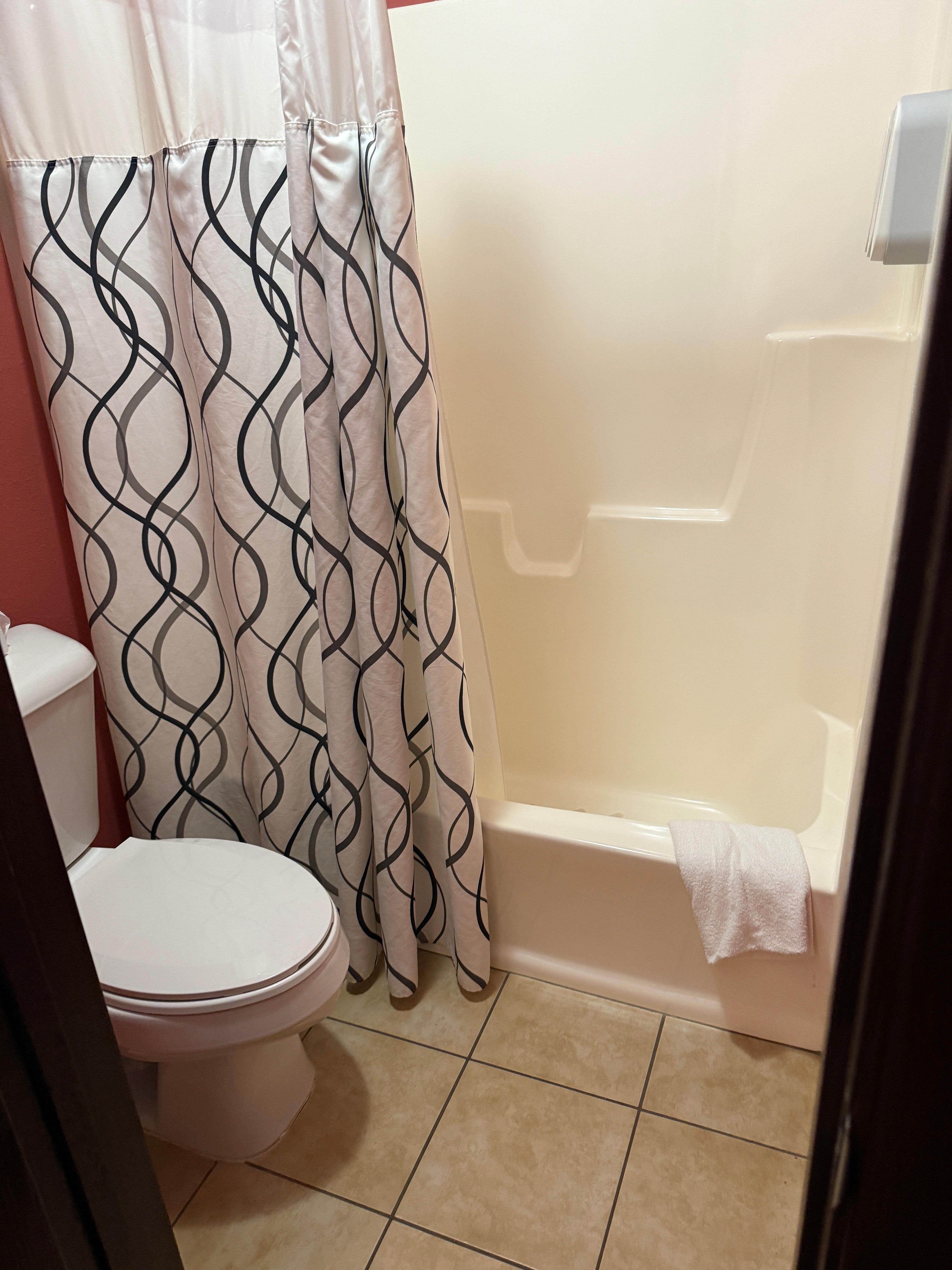 Clean bathroom, sink was outside of shower/tub and toilet.  Good water pressure
small towels