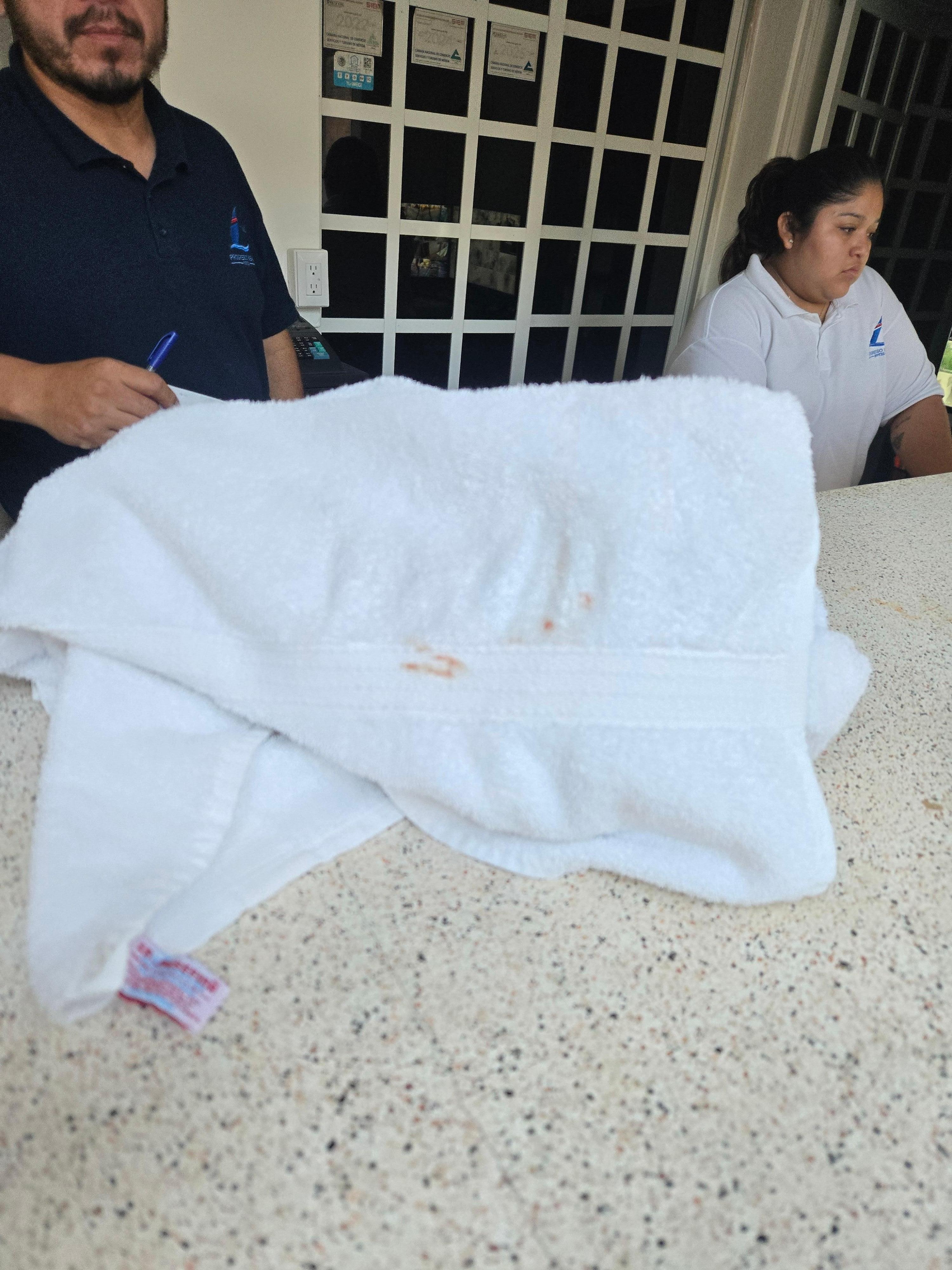 At checkout, we were told to wait at the front desk while a staff member went into our room to inspect it. The staff member reappeared with this towel which had a small stain and said that we need to pay for the stain. 